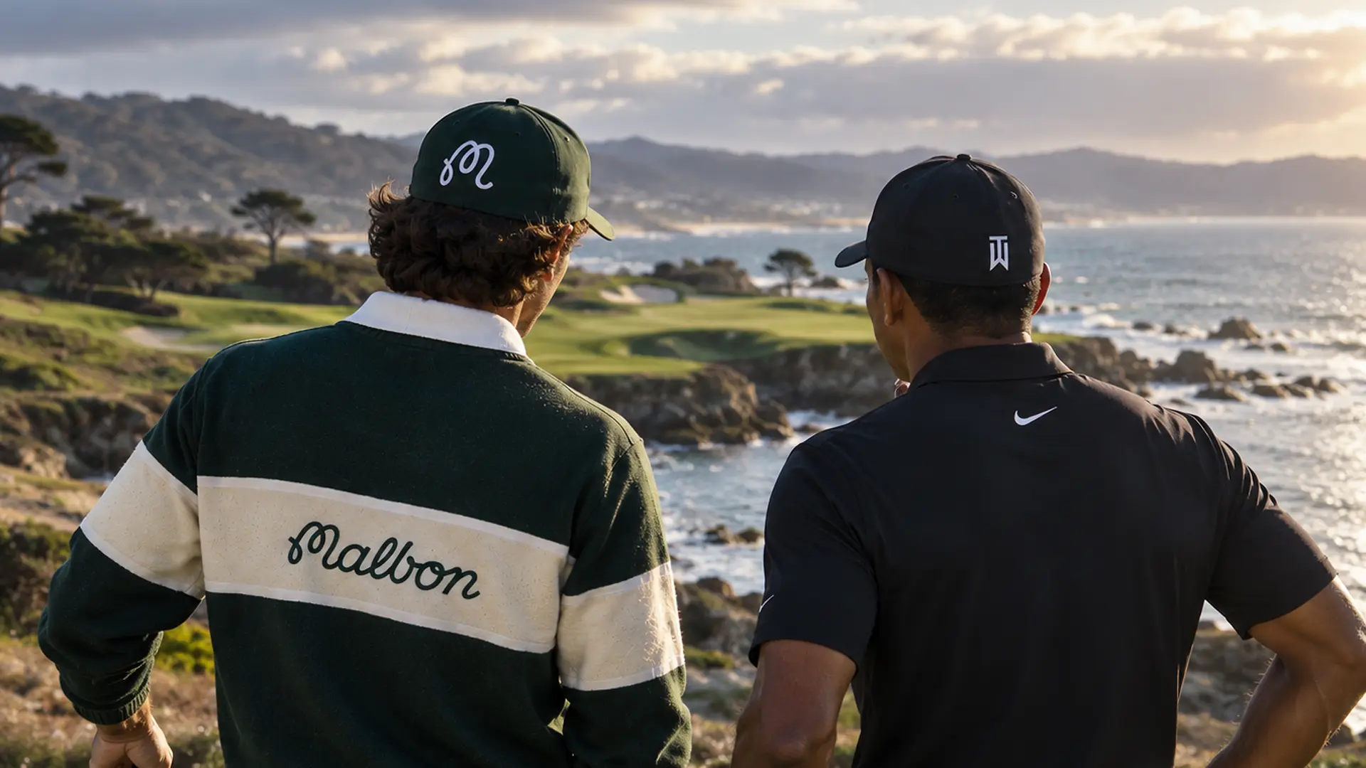 Two golfers standing together looking out over a coastal course at golden hour