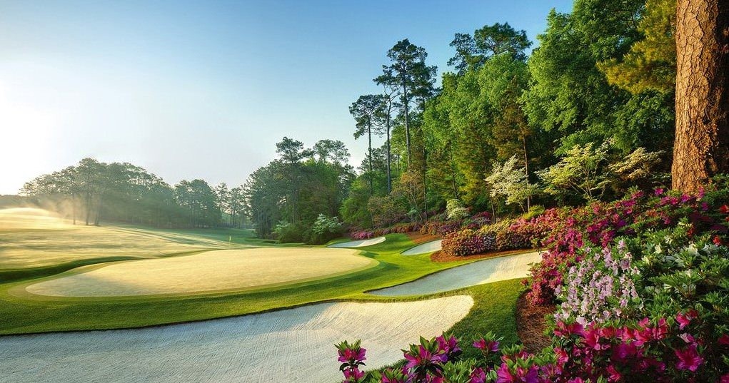 Augusta National fairway framed by flowering azaleas