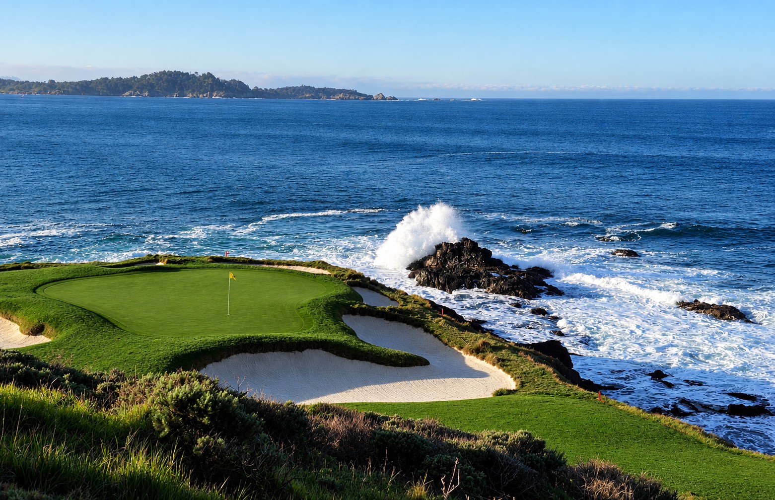 Pebble Beach golf green above the Pacific coastline