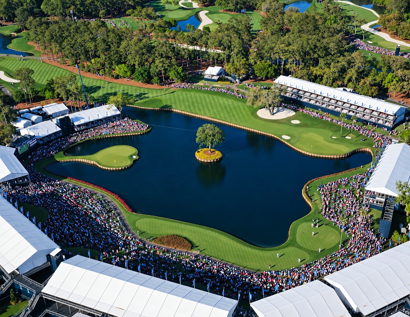 The island green at TPC Sawgrass surrounded by tournament spectators