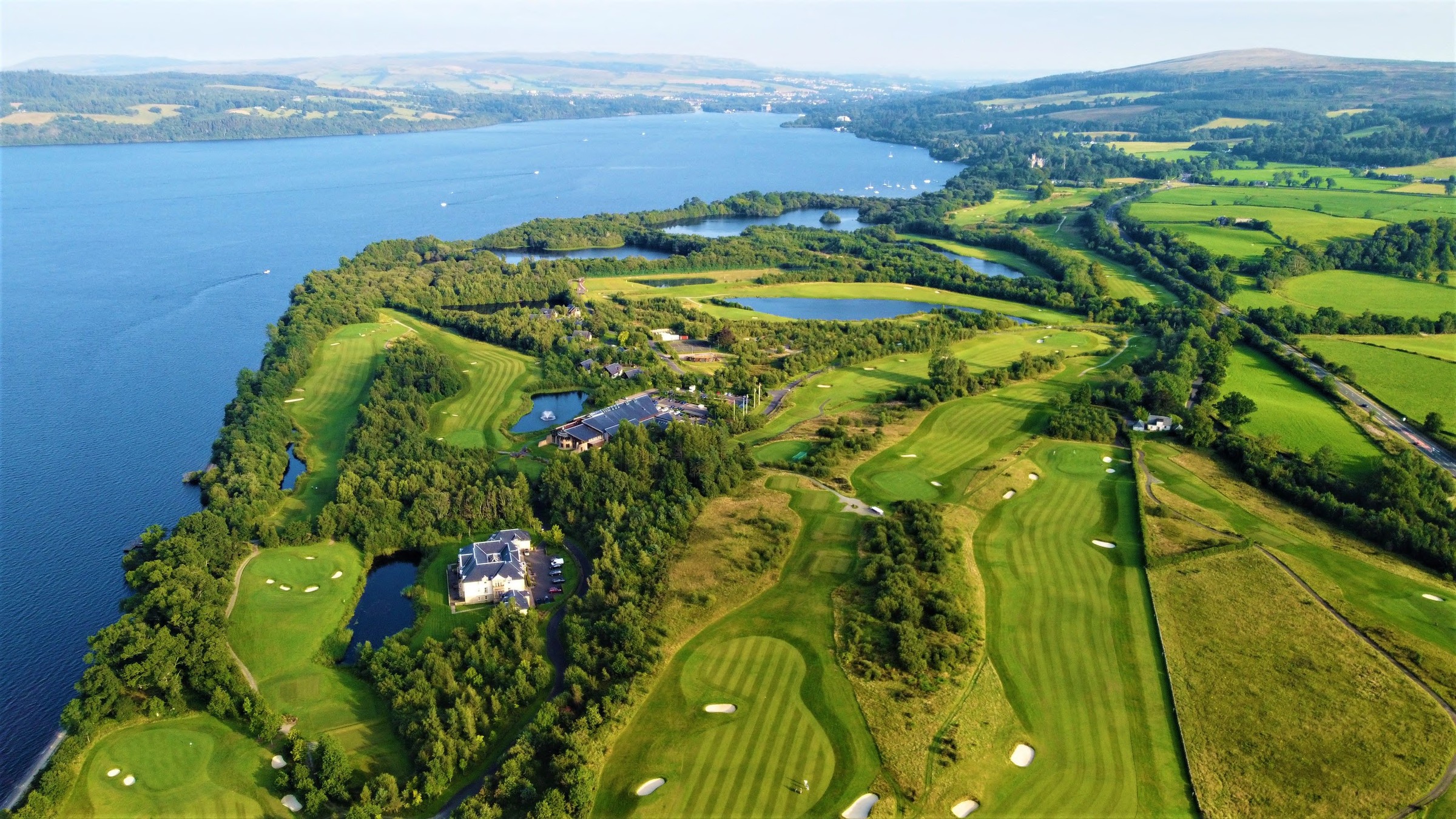 Aerial view of Loch Lomond Golf Club beside the loch