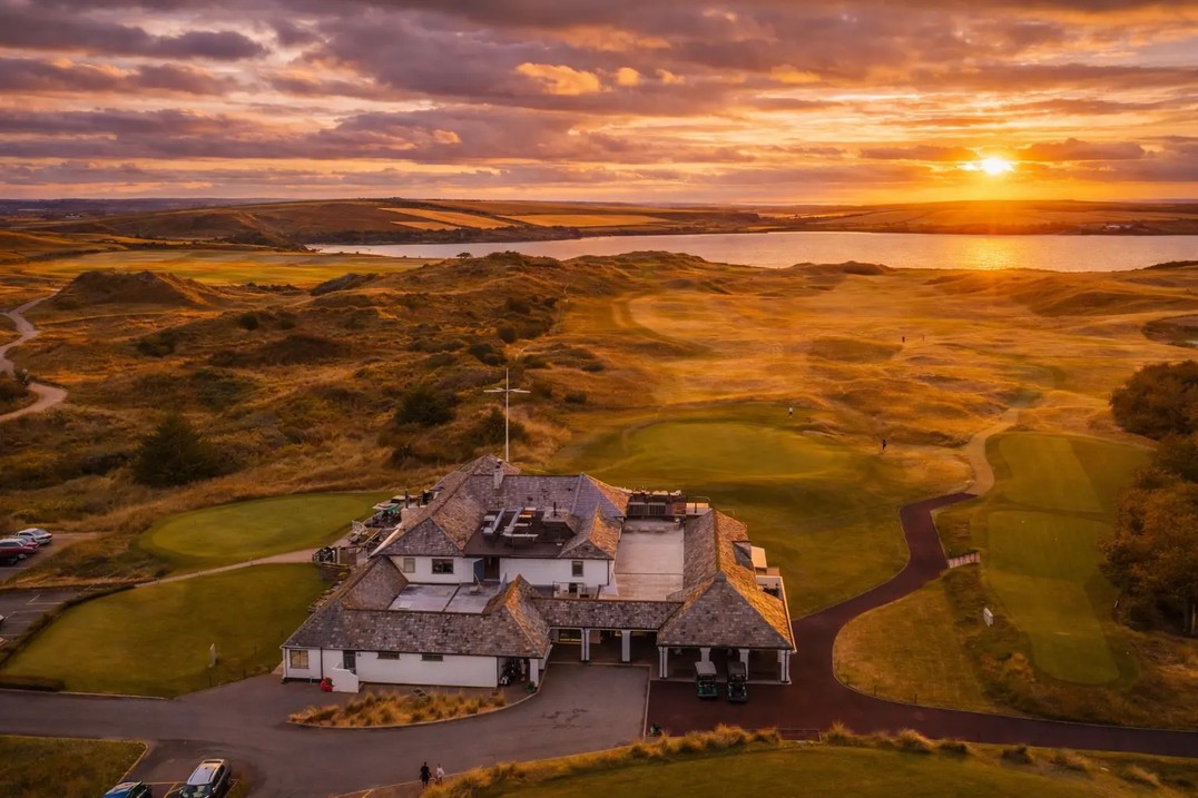 English championship links and clubhouse at sunset