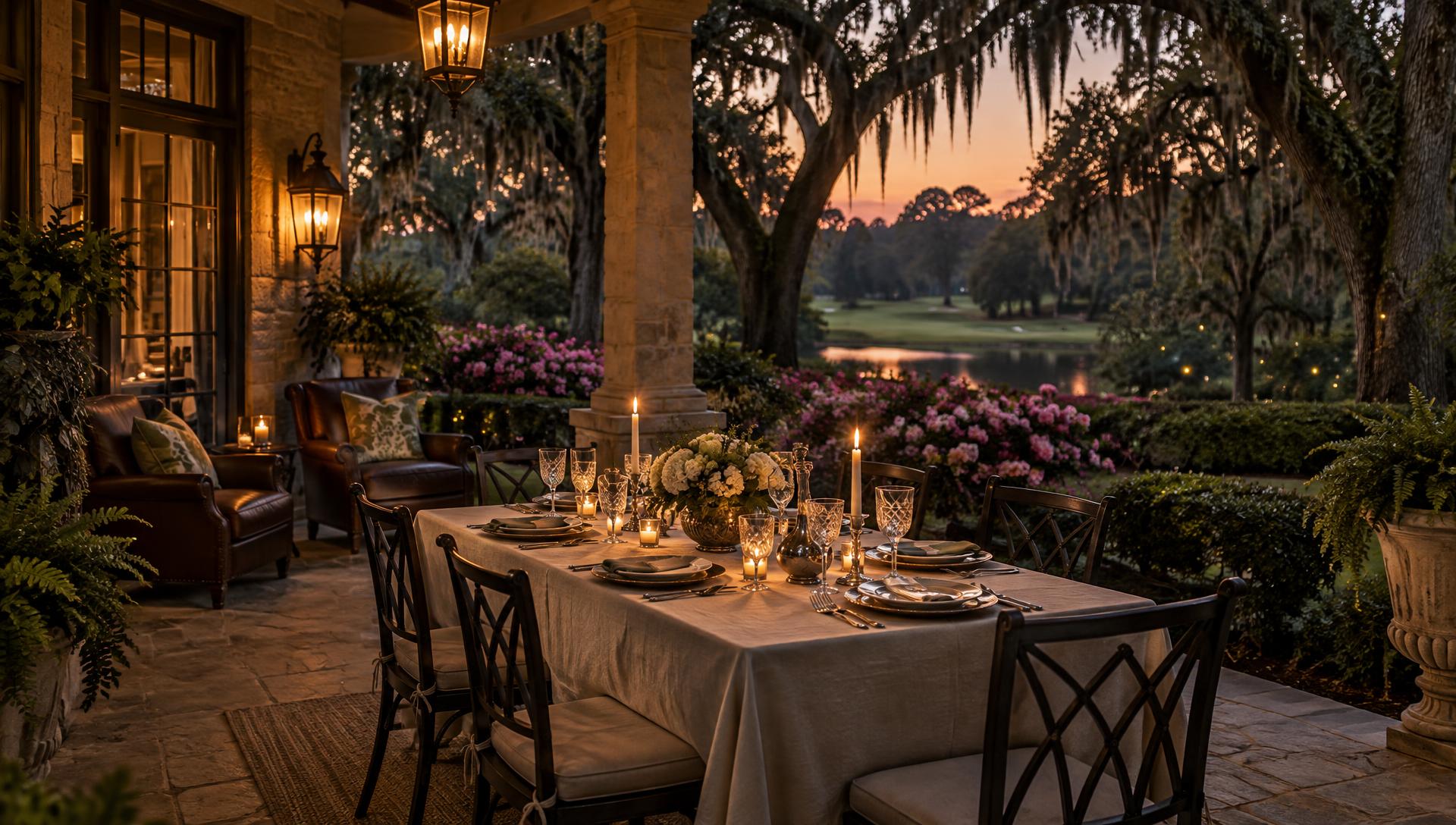 A lantern-lit veranda dinner table at dusk beneath moss-draped oaks